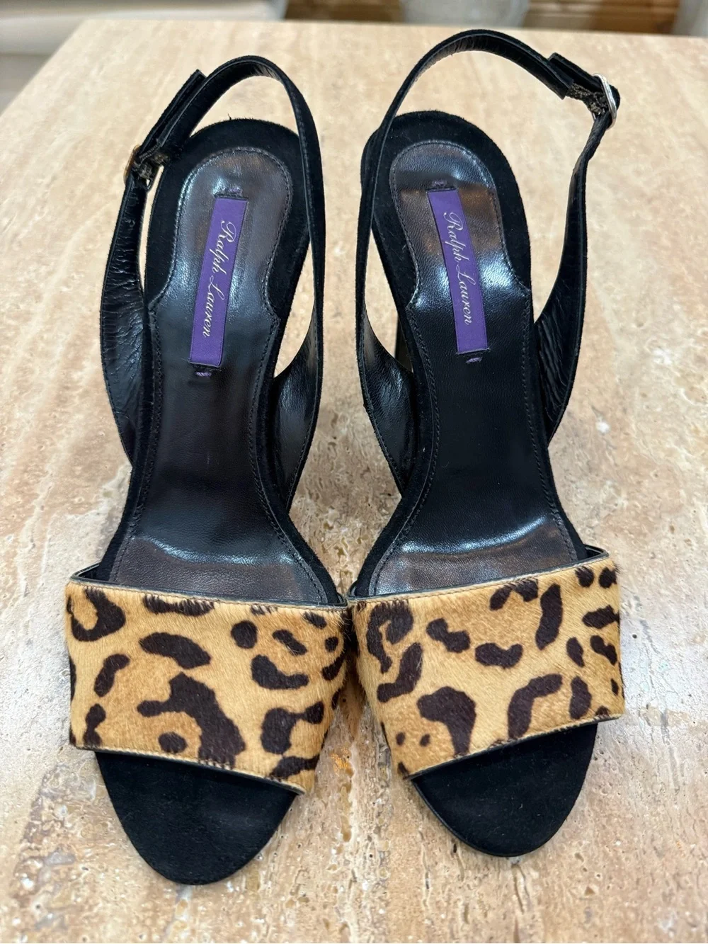 Ralph Lauren Purple Leopard Print Slingback High Heel Sandals size 37.5